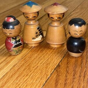 Lot of 4 Kokeshi Wood Doll Japanese Handpainted Vintage Natural Color